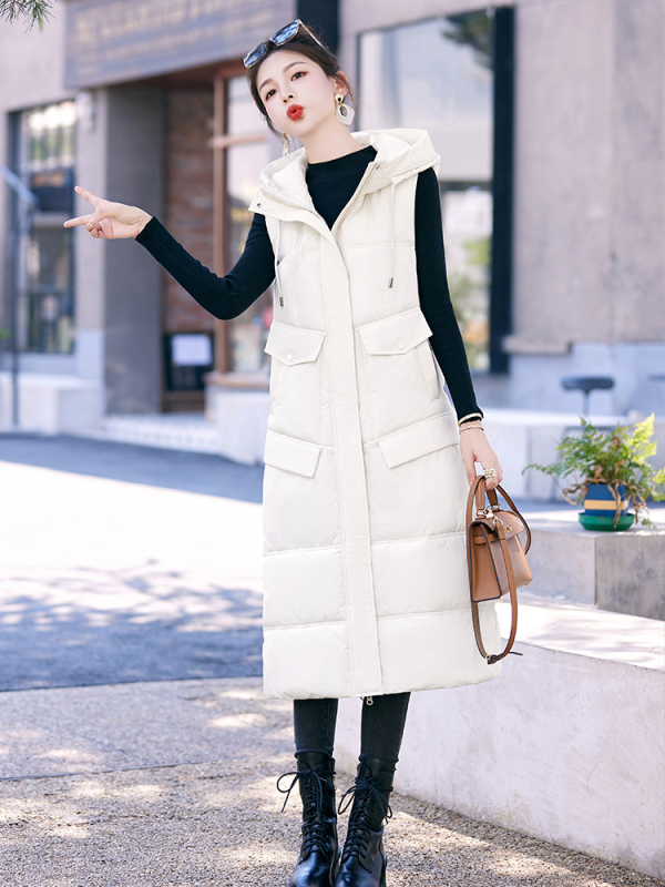 Sieviešu garā pūka jaka ar kapuci – šaurs siluets, līdz ceļgaliem, poliestera ārējais audums, pildījums no pūka un kokvilnas, Korejas stila (Kapucī, Šaurs siluets, Poliesteris, Pildījums pūka un kokvilna, Korejas stilis)