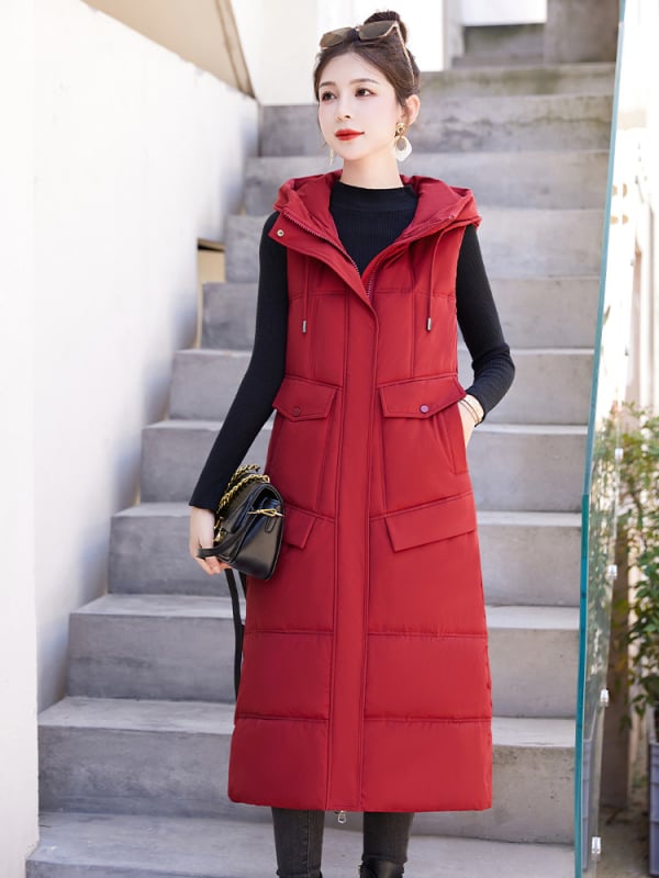 Sieviešu garā pūka jaka ar kapuci – šaurs siluets, līdz ceļgaliem, poliestera ārējais audums, pildījums no pūka un kokvilnas, Korejas stila (Kapucī, Šaurs siluets, Poliesteris, Pildījums pūka un kokvilna, Korejas stilis)