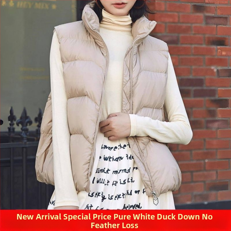 Dámska vesta z kačacieho páu, hrubý dizajn, stojací golier, ultra krátka dĺžka, výplň z bieleho kačacieho páu 81–85%