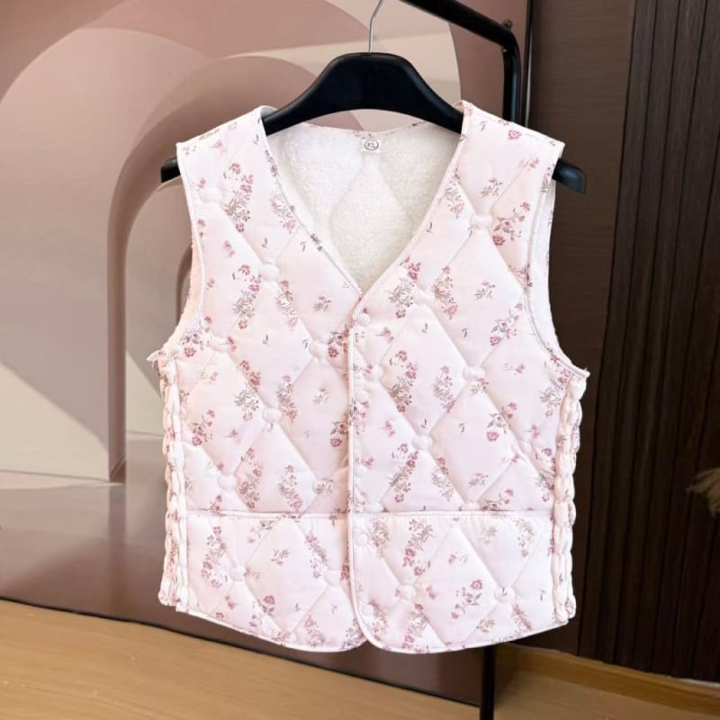 Vesta din bumbac cu model în carouri, exterior din poliester, căptușeală din bumbac, decolteu în V, grosime medie