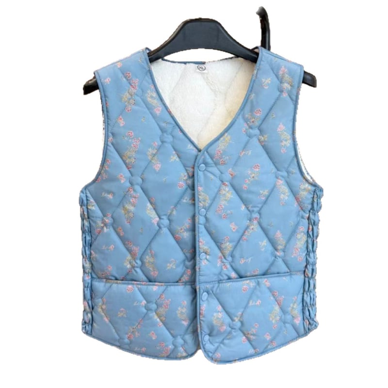 Vesta din bumbac cu model în carouri, exterior din poliester, căptușeală din bumbac, decolteu în V, grosime medie