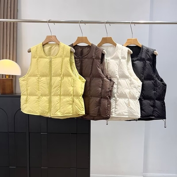 2025 Ženska vesta s bijelim pačjim perjem, okrugli izrez, ležeran kroj, kratki model, korejski stil
