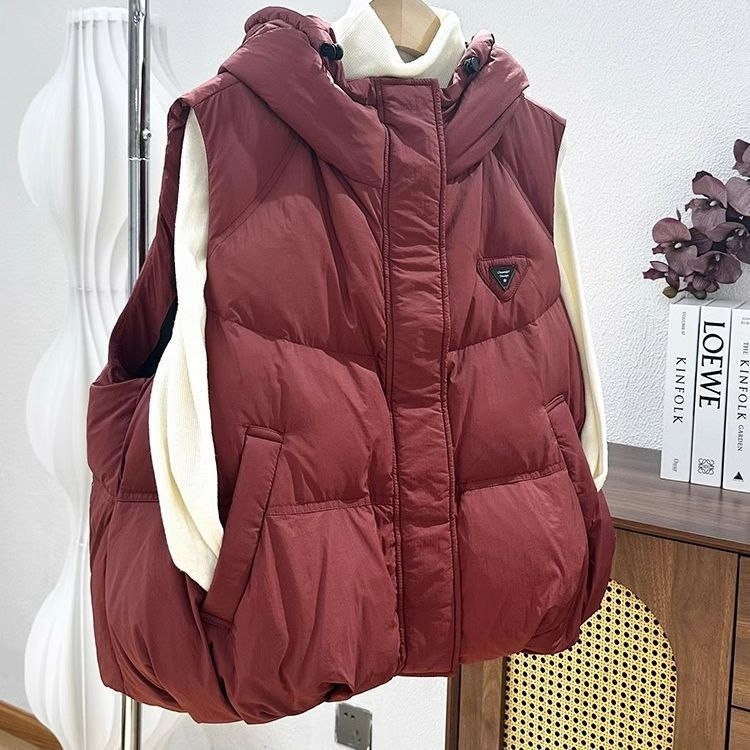 Ženski kapuljačasti prsluk s punjenjem od chenille i elastana, duga verzija, polo ovratnik, prednje vezanje šnurem