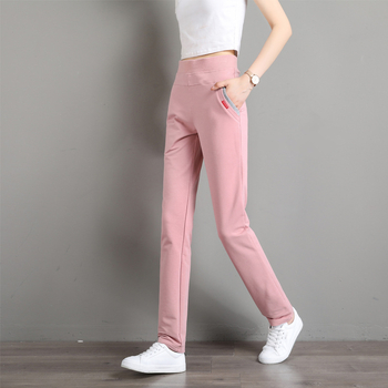 Ženske sportske hlače za proljeće i jesen, ravni kroj, srednji struk, s elastanom – mješavina pamuk-poliester-elastan; pamuk 50–70%, poliester 30% ili manje, elastan <10%; stil: korejski ležerni
