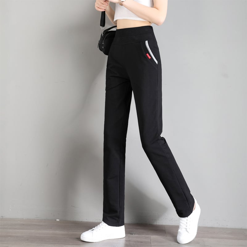 Ženske sportske hlače za proljeće i jesen, ravni kroj, srednji struk, s elastanom – mješavina pamuk-poliester-elastan; pamuk 50–70%, poliester 30% ili manje, elastan <10%; stil: korejski ležerni