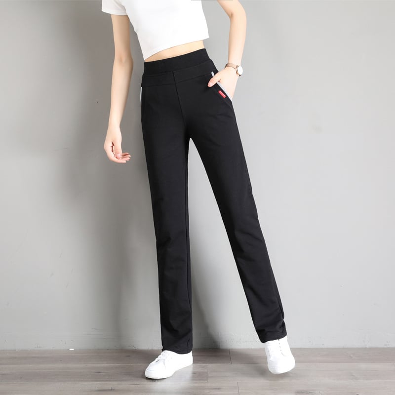 Ženske sportske hlače za proljeće i jesen, ravni kroj, srednji struk, s elastanom – mješavina pamuk-poliester-elastan; pamuk 50–70%, poliester 30% ili manje, elastan <10%; stil: korejski ležerni