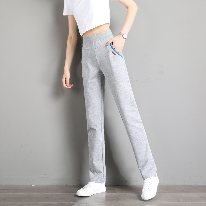 Ženske sportske hlače za proljeće i jesen, ravni kroj, srednji struk, s elastanom – mješavina pamuk-poliester-elastan; pamuk 50–70%, poliester 30% ili manje, elastan <10%; stil: korejski ležerni