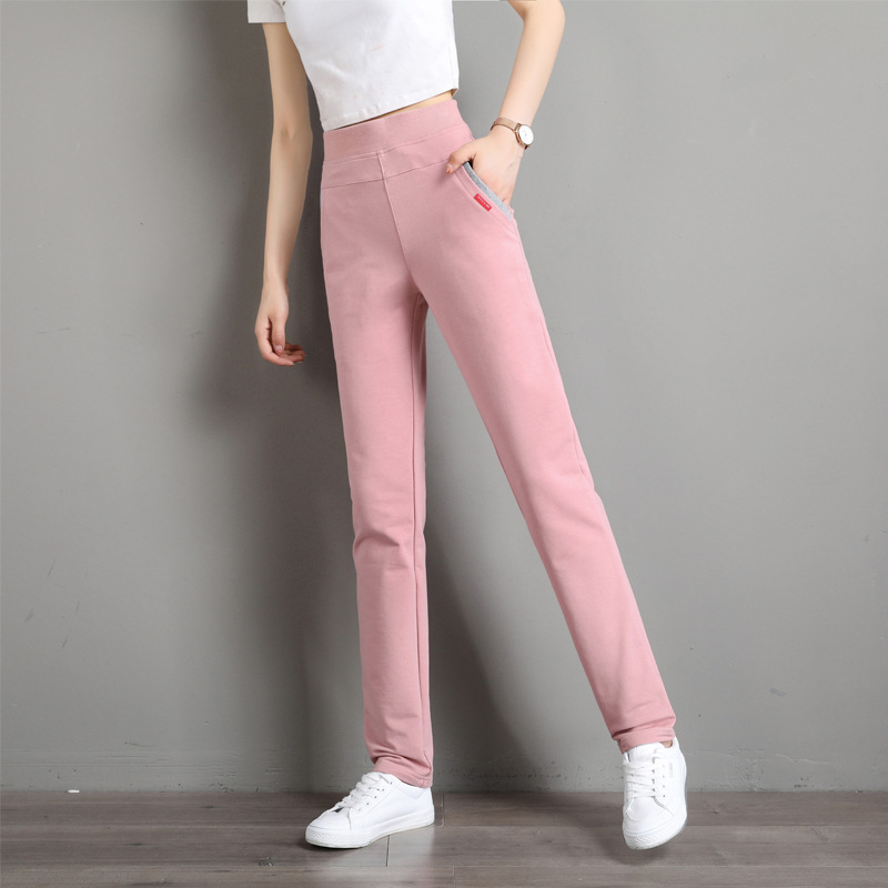 Ženske sportske hlače za proljeće i jesen, ravni kroj, srednji struk, s elastanom – mješavina pamuk-poliester-elastan; pamuk 50–70%, poliester 30% ili manje, elastan <10%; stil: korejski ležerni