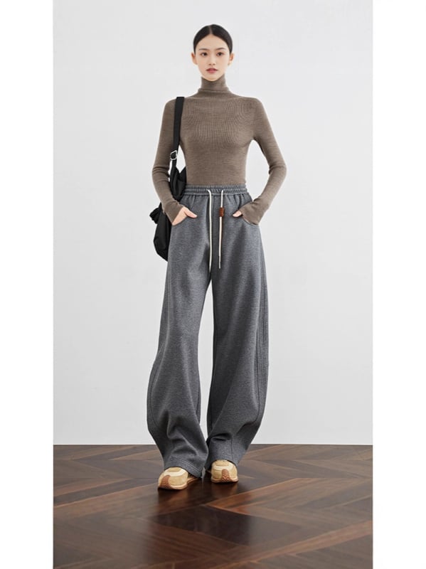 Ženske casual hlače s banan krojem, flis podstava, široke, duge (pamukasto-mješavina tkanine; elastični struka; mikro-elastičnost; gusta tkanina; zima 2025)