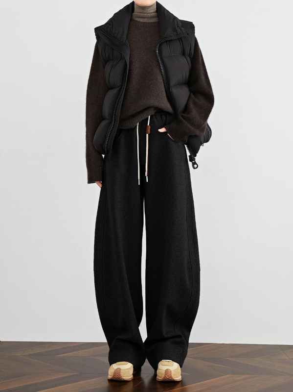 Ženske casual hlače s banan krojem, flis podstava, široke, duge (pamukasto-mješavina tkanine; elastični struka; mikro-elastičnost; gusta tkanina; zima 2025)