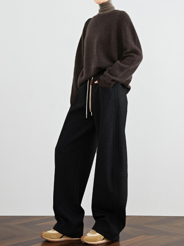 Ženske casual hlače s banan krojem, flis podstava, široke, duge (pamukasto-mješavina tkanine; elastični struka; mikro-elastičnost; gusta tkanina; zima 2025)