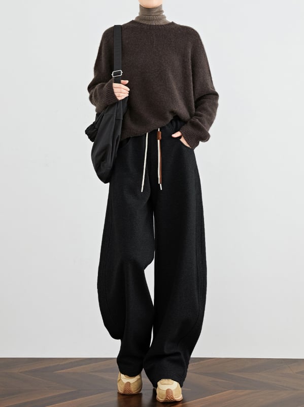 Ženske casual hlače s banan krojem, flis podstava, široke, duge (pamukasto-mješavina tkanine; elastični struka; mikro-elastičnost; gusta tkanina; zima 2025)