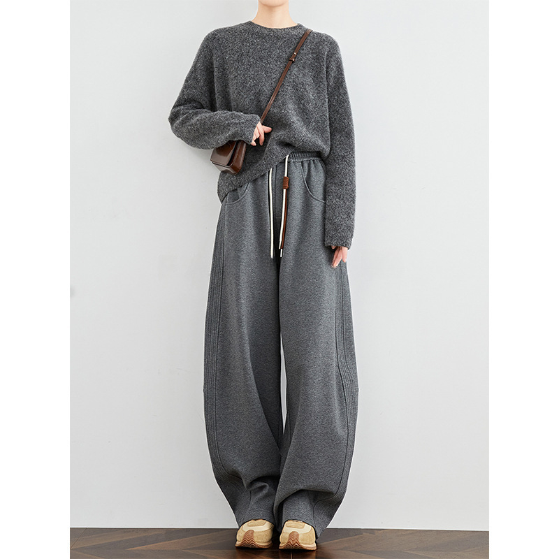 Ženske casual hlače s banan krojem, flis podstava, široke, duge (pamukasto-mješavina tkanine; elastični struka; mikro-elastičnost; gusta tkanina; zima 2025)