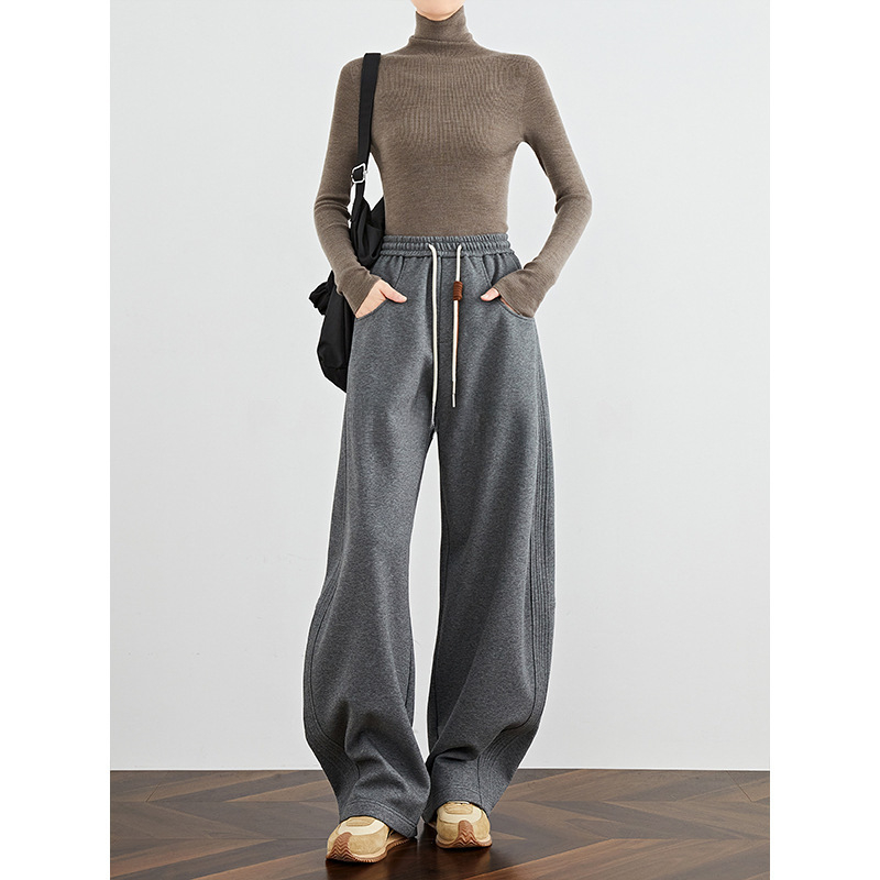 Ženske casual hlače s banan krojem, flis podstava, široke, duge (pamukasto-mješavina tkanine; elastični struka; mikro-elastičnost; gusta tkanina; zima 2025)