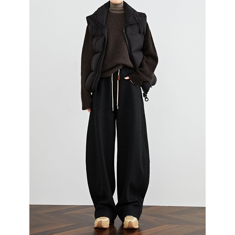 Ženske casual hlače s banan krojem, flis podstava, široke, duge (pamukasto-mješavina tkanine; elastični struka; mikro-elastičnost; gusta tkanina; zima 2025)