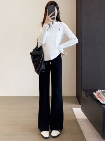 Дамски широки панталони от памук-полиестер, висока талия, микроеластичен трикотаж, ежедневни панталони за работа