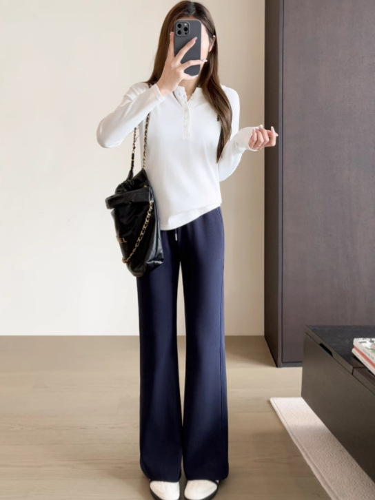 Дамски широки панталони от памук-полиестер, висока талия, микроеластичен трикотаж, ежедневни панталони за работа