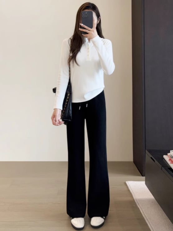 Дамски широки панталони от памук-полиестер, висока талия, микроеластичен трикотаж, ежедневни панталони за работа