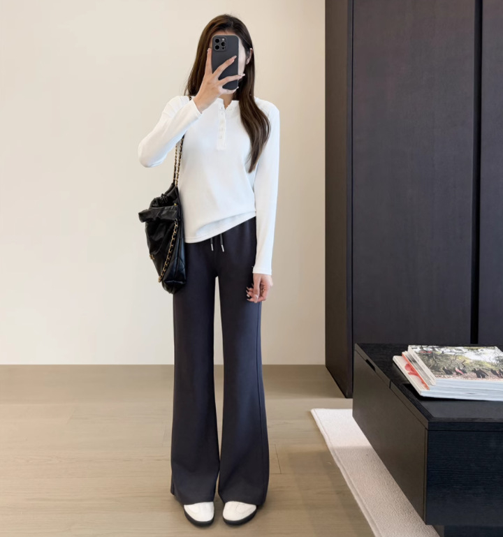 Дамски широки панталони от памук-полиестер, висока талия, микроеластичен трикотаж, ежедневни панталони за работа