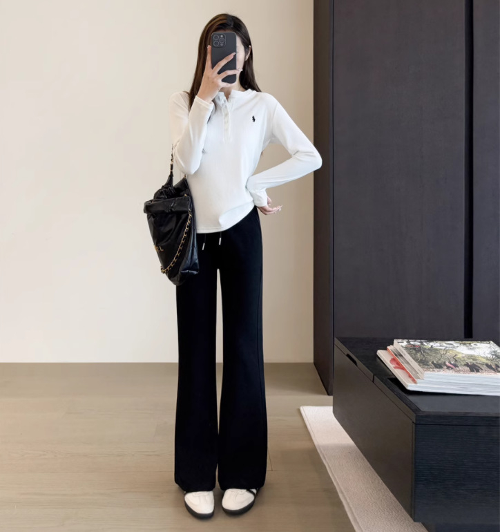 Дамски широки панталони от памук-полиестер, висока талия, микроеластичен трикотаж, ежедневни панталони за работа