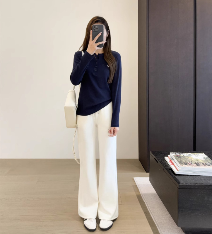 Дамски широки панталони от памук-полиестер, висока талия, микроеластичен трикотаж, ежедневни панталони за работа