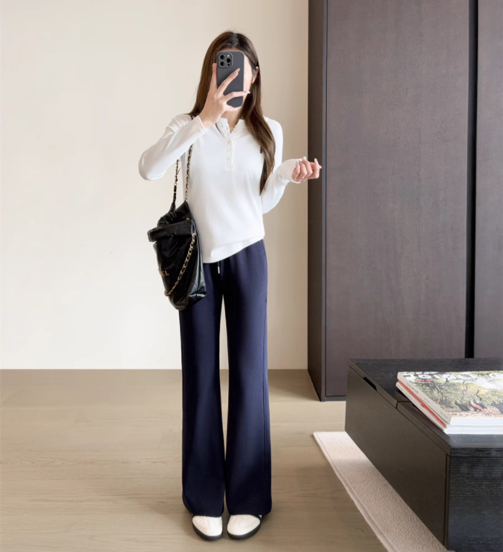 Дамски широки панталони от памук-полиестер, висока талия, микроеластичен трикотаж, ежедневни панталони за работа