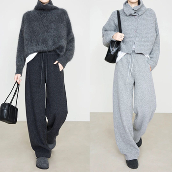 Γυναικείοι παντελόνες σε φαρδιά γραμμή από μαλλί-μείγμα, με ελαστική μέση, παχιά ύφανση, μικροελαστικότητα, περιεκτικότητα μαλλιού 70–80%