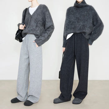 Γυναικείοι παντελόνες σε φαρδιά γραμμή από μαλλί-μείγμα, με ελαστική μέση, παχιά ύφανση, μικροελαστικότητα, περιεκτικότητα μαλλιού 70–80%