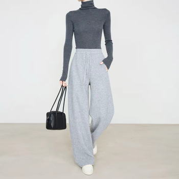 Γυναικείοι παντελόνες σε φαρδιά γραμμή από μαλλί-μείγμα, με ελαστική μέση, παχιά ύφανση, μικροελαστικότητα, περιεκτικότητα μαλλιού 70–80%