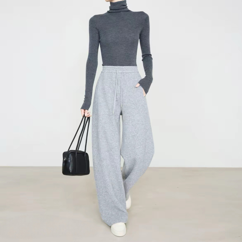 Γυναικείοι παντελόνες σε φαρδιά γραμμή από μαλλί-μείγμα, με ελαστική μέση, παχιά ύφανση, μικροελαστικότητα, περιεκτικότητα μαλλιού 70–80%