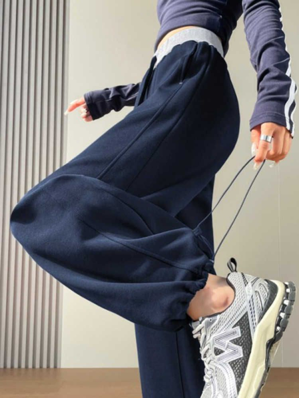 Pantaloni casual largi pentru femei, talie înaltă, căptuți groși de fleece, din material din bumbac-poliester, stil scimitar, toamnă-iarnă 2025