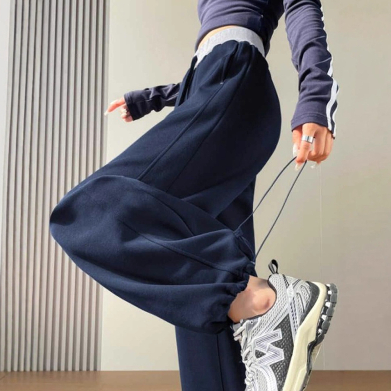 Pantaloni casual largi pentru femei, talie înaltă, căptuți groși de fleece, din material din bumbac-poliester, stil scimitar, toamnă-iarnă 2025