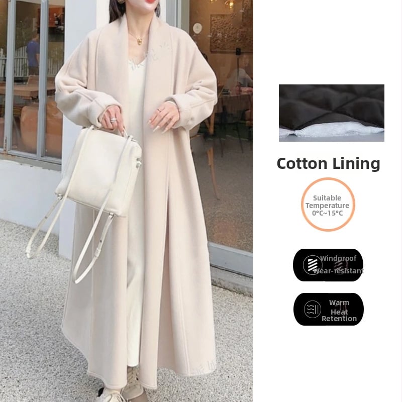 Ilgas vilnos žieminis paltas, storas, moteriško kirpimo, vienos spalvos, priekyje raištelis, elastano mišinys