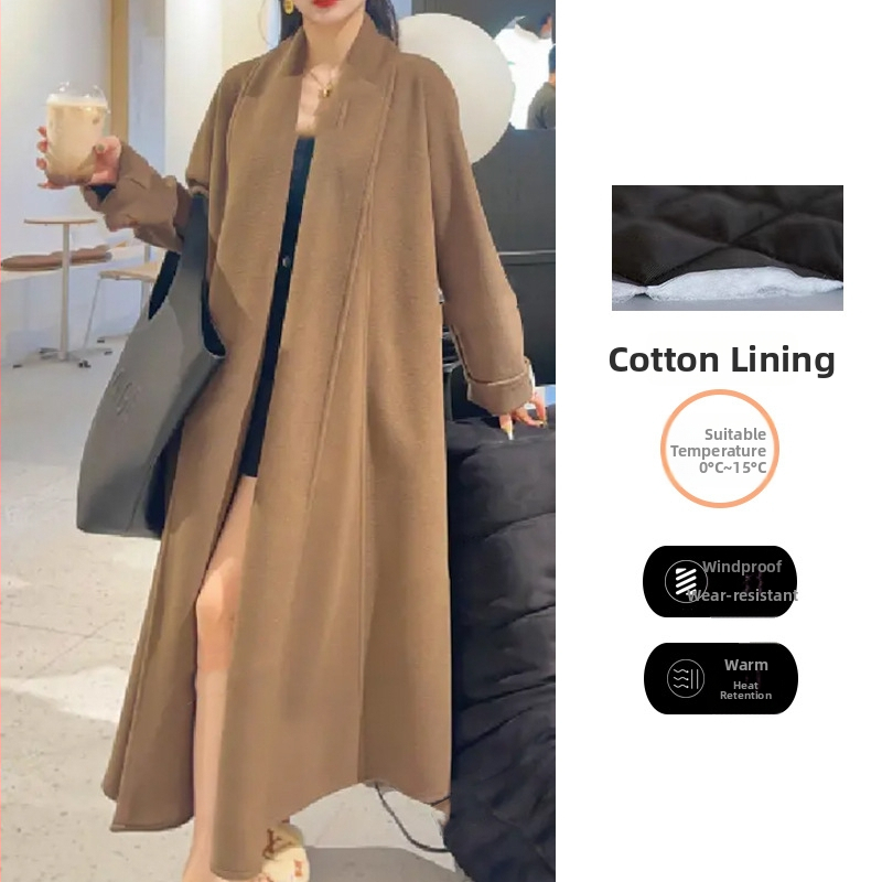 Ilgas vilnos žieminis paltas, storas, moteriško kirpimo, vienos spalvos, priekyje raištelis, elastano mišinys