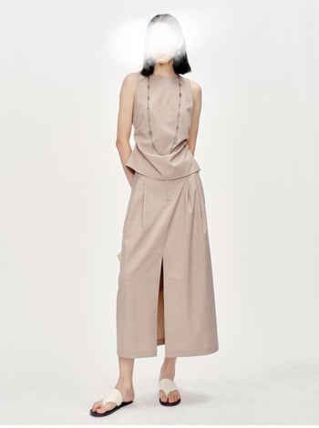 Set vestă fără mâneci și fustă midi din TR țesătură, cusături diagonale, talie definită; Vară 2025; poliester 95%+ și spandex