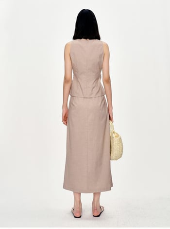Set vestă fără mâneci și fustă midi din TR țesătură, cusături diagonale, talie definită; Vară 2025; poliester 95%+ și spandex
