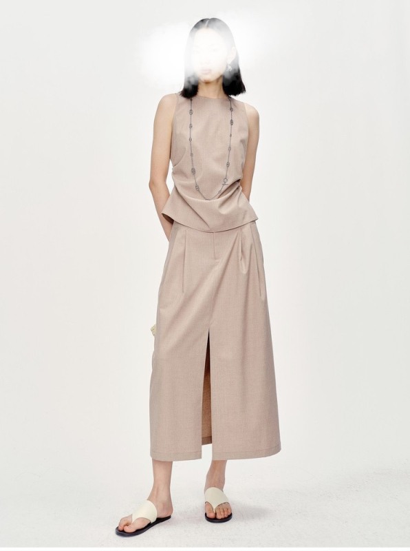 Set vestă fără mâneci și fustă midi din TR țesătură, cusături diagonale, talie definită; Vară 2025; poliester 95%+ și spandex
