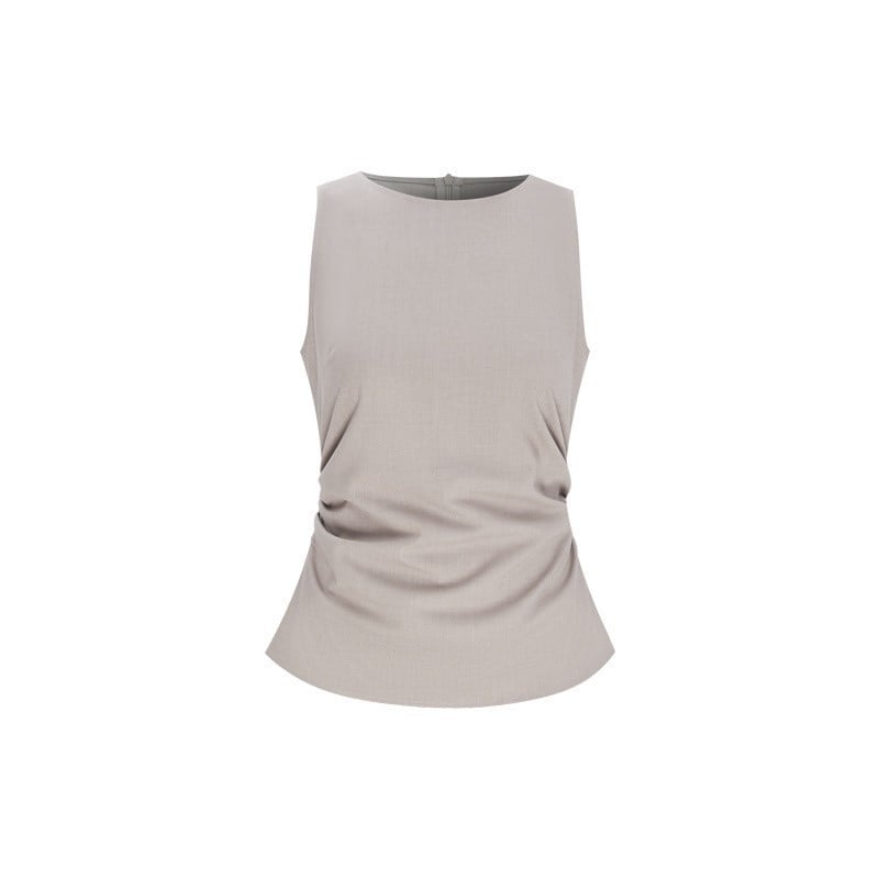Set vestă fără mâneci și fustă midi din TR țesătură, cusături diagonale, talie definită; Vară 2025; poliester 95%+ și spandex