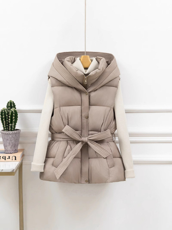 Vesta scurtă pentru femei, cu glugă și curea – stil coreean, umplutură groasă din poliester și bumbac, țesătură principală: poliester, închidere cu șnur