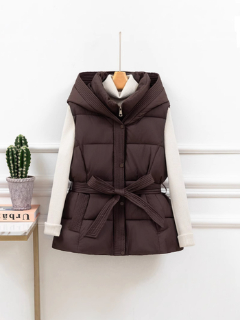 Vesta scurtă pentru femei, cu glugă și curea – stil coreean, umplutură groasă din poliester și bumbac, țesătură principală: poliester, închidere cu șnur
