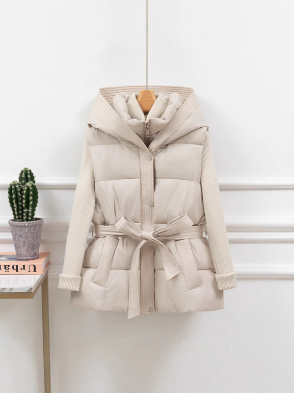 Vesta scurtă pentru femei, cu glugă și curea – stil coreean, umplutură groasă din poliester și bumbac, țesătură principală: poliester, închidere cu șnur