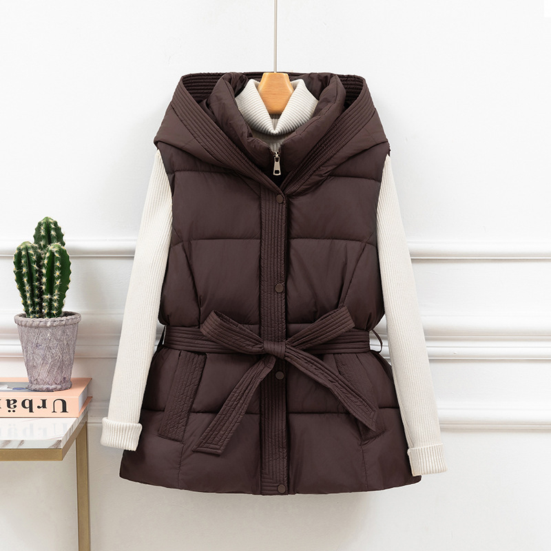Vesta scurtă pentru femei, cu glugă și curea – stil coreean, umplutură groasă din poliester și bumbac, țesătură principală: poliester, închidere cu șnur