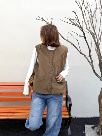 Vesta din bumbac în stil coreean, umplutură din bumbac, guler rotund, nasturi pe un singur rând, croială lejeră