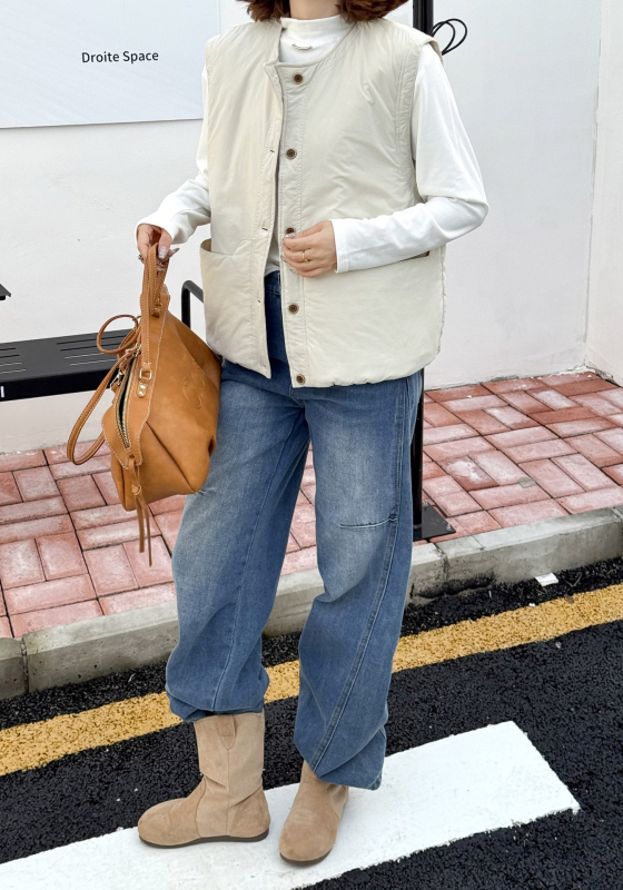 Vesta din bumbac în stil coreean, umplutură din bumbac, guler rotund, nasturi pe un singur rând, croială lejeră