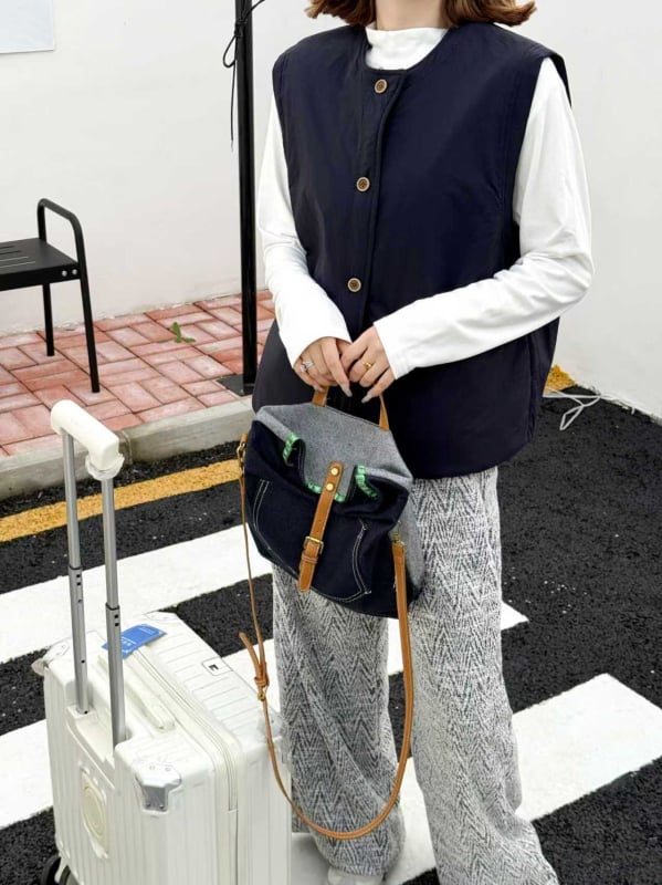 Vesta din bumbac în stil coreean, umplutură din bumbac, guler rotund, nasturi pe un singur rând, croială lejeră