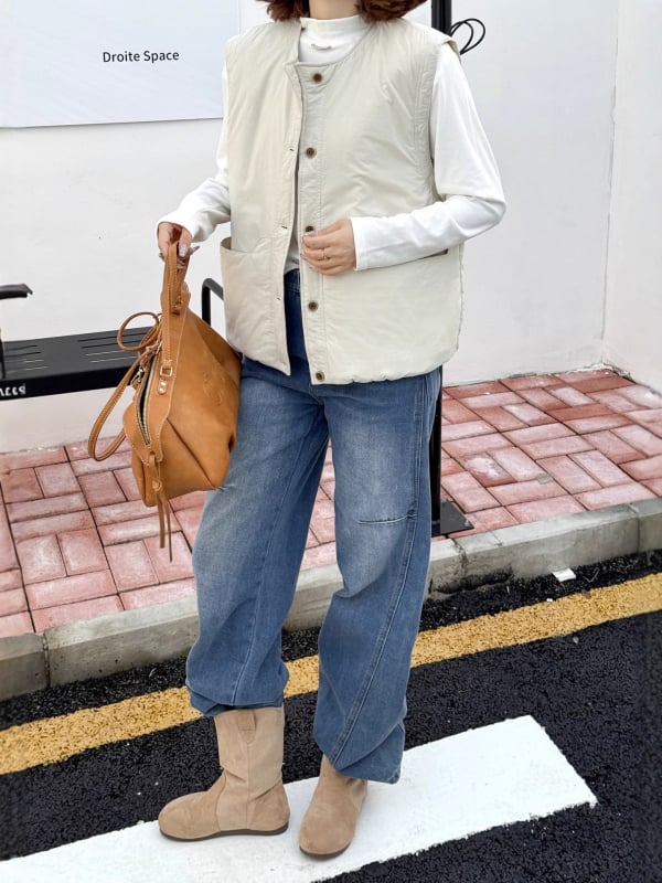 Vesta din bumbac în stil coreean, umplutură din bumbac, guler rotund, nasturi pe un singur rând, croială lejeră