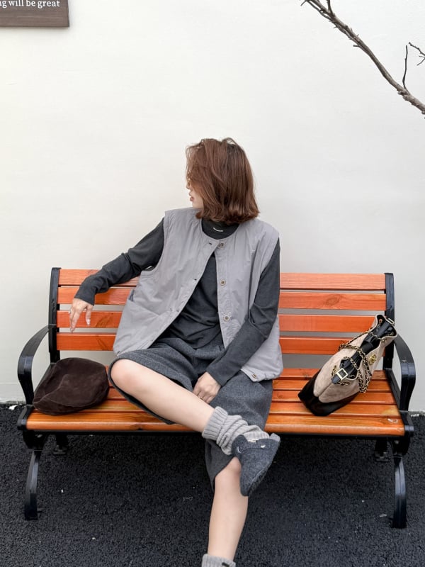 Vesta din bumbac în stil coreean, umplutură din bumbac, guler rotund, nasturi pe un singur rând, croială lejeră