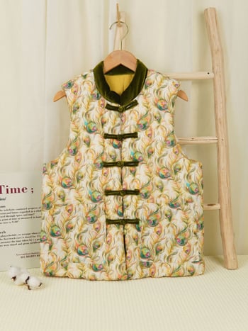 Moteriška medvilninė liemenė su gėlių raštu, stovinčio kaklo, medvilnės užpildas, ilgas kirpimas