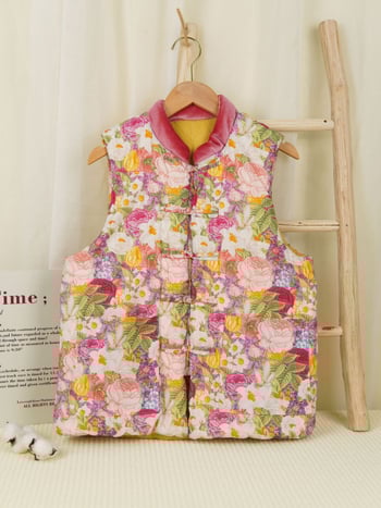 Moteriška medvilninė liemenė su gėlių raštu, stovinčio kaklo, medvilnės užpildas, ilgas kirpimas