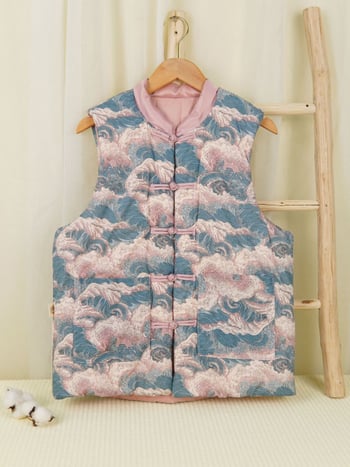 Moteriška medvilninė liemenė su gėlių raštu, stovinčio kaklo, medvilnės užpildas, ilgas kirpimas